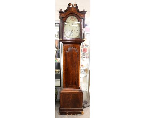 18th century mahogany eight-day longcase clock with twin-train movement, the painted dial with Arabic and Roman numerals, the