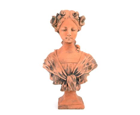 Terracotta bust of a young woman on socle base, bearing indistinct signature to reverse, h46cm 