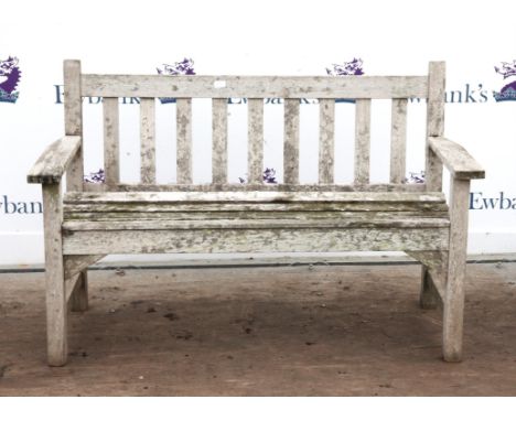 Weathered teak garden bench, h83cm w128cm d57cm 