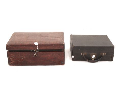 Stained wooden box h24 x w98 x d27cm, metal trunk h36 x w51 x d36cm, Corona typewriter and a crocodile skin box with hinged c