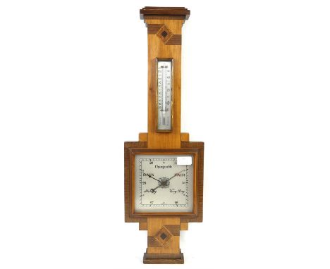 Walnut Art Deco style aneroid barometer with thermometer, 70cm high,