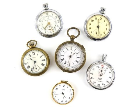 Six pocket watches, including a Heuer, track mate stop pocket watch, with lever wound movement, blued steel seconds hand and 