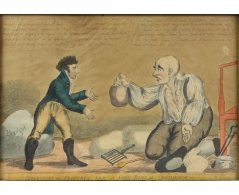 Early 19th century hand-coloured print, 'Collecting the property tax or John Bull all Obedience', published May 1806, 23cm x 