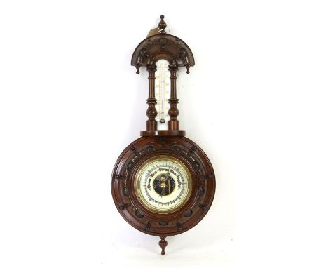 Victorian walnut aneroid barometer with thermometer carved surround -  42 cm high,