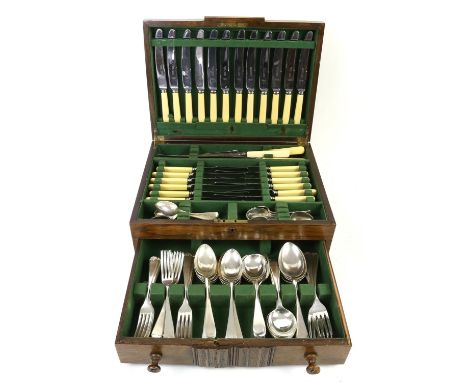 Oak cased canteen of Old English pattern cutlery and other silver plated items to include three piece tea service, two pairs 