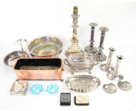 Collection of silver plated wares to include two pairs of candlesticks, lamp, circular bowl on three shaped feet and other it