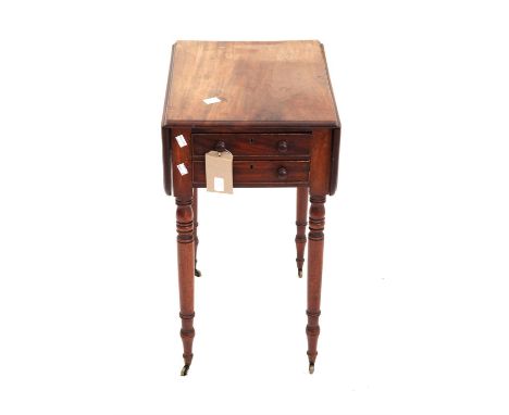 19th century mahogany work table with single drawers and two dummy drawers, fall flaps on turned supports and castors, h70 x 