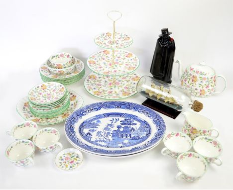 Minton's Haddon Hall pattern tea service, to include three tiered cake stand, pair of Dartington Sunflower vases, Royal Doult