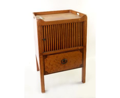 19th century satinwood tray top commode with tambour cupboard over drawer on square supports, h80 x w51 x d43cm,