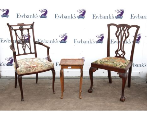 Mahogany Chippendale style side chair, an early 20th century elbow chair and a small table, (3),