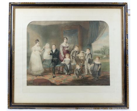 Framed Edwardian lithograph depicting Regency aristocratic family, signed 'C. Copperfield' in pencil to margin. Image size 37