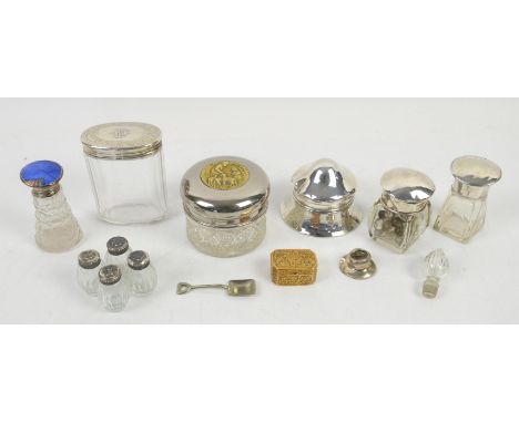 Small collection of silver and plated topped glass dressing table bottles, a silver box and cover, brass snuff box, silver pl