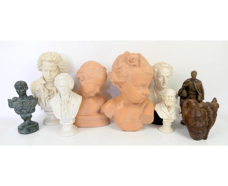 Collection of resin busts, comprising a resin bust of a baby, h27cm, resin bust of a young girl, h25cm, busts of composers Mo