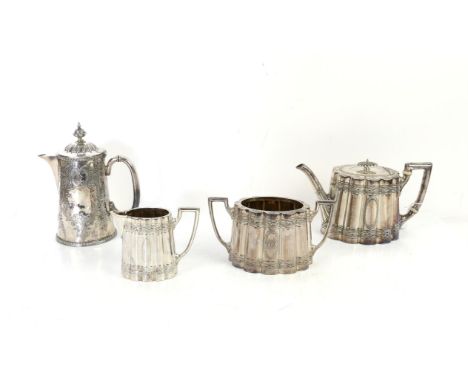 Three piece silver plated tea service, comprising teapot, cream jug and sugar bowl and a non-matching hot water jug, (4),