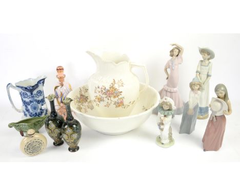 Pair of Royal Doulton vases, (one damaged), five NAO figures, other ceramics, silver plated wares and books,