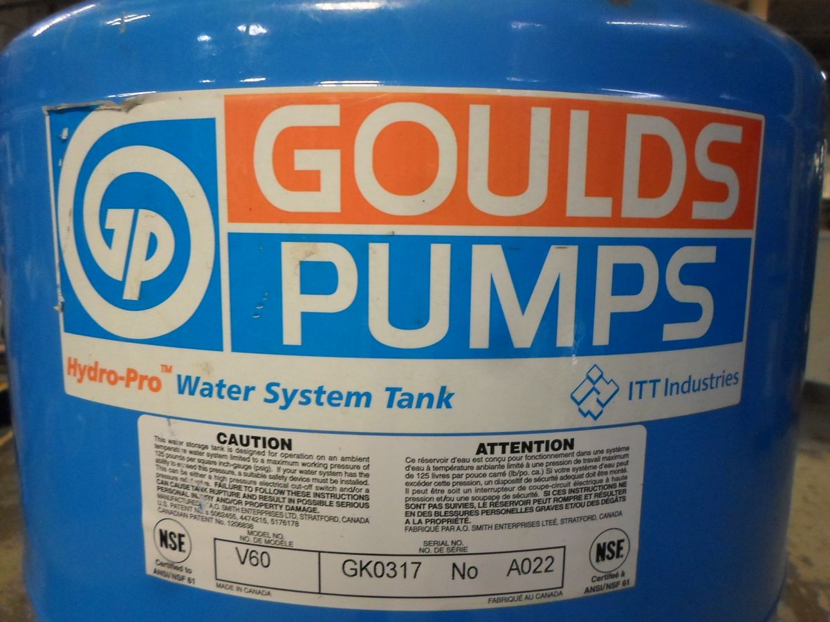 GOULDS PUMP HYDRO-PRO WATER SYSTEM TANK V60 GK0317 A022 DIAPHRAM TANKWE