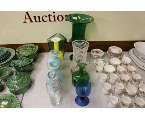 A pair of Victorian over painted glass vases; a large green glass vase; lemonade jug; decanter and stopper etc. 