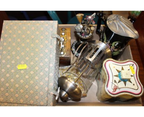 A box containing a walnut brass bound box; a quantity of various stick pins; papier mache boxes etc. 