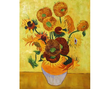 An oil on canvas study after Vincent Van Gogh "Sunflowers"; together with a pencil signed limited edition print of sailing ba