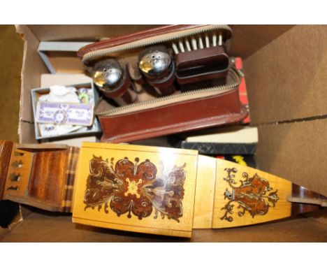 A box containing a Wade tortoise; a Sorrentoware style musical boat; playing cards etc. 