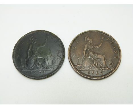 1875 Victorian later young head bronze penny with H mint mark, VF, some surface pitting, together with an 1865 5 over 3 examp