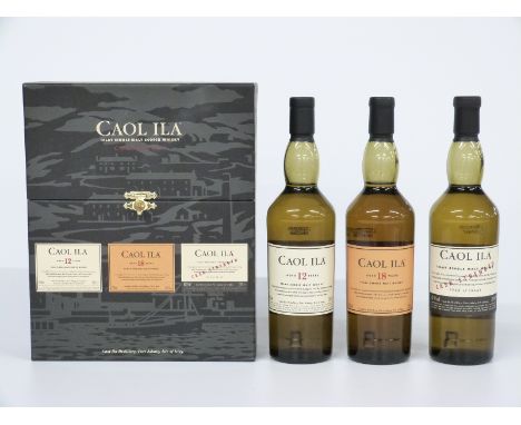 Caol Ila Islay single malt Scotch whisky three bottle collection comprising 18 year old, 12 year old and cask strength, each 