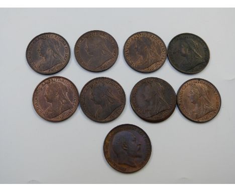 Eight various veiled head Victorian bronze pennies, various high grades VF - EF, together with a 1909 Edwardian VF example