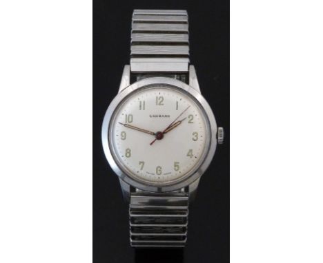 Garrard gentleman's wristwatch with luminous hands, red seconds hand, Arabic numerals, silver face, stainless steel case and 