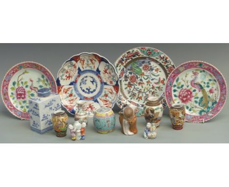 Three Chinese plates, an Imari example, four small oriental vases, two snuff bottles, tea caddy etc