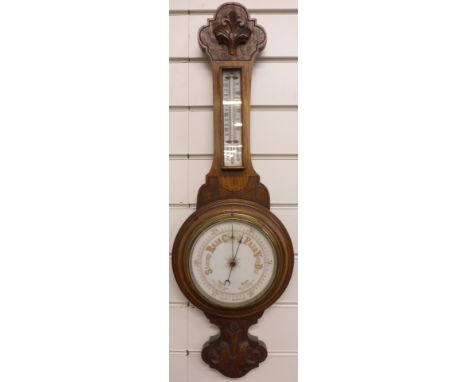 Banjo style early to mid twentieth century aneroid barometer / thermometer, white glass dial with sepia predictions, arrow an