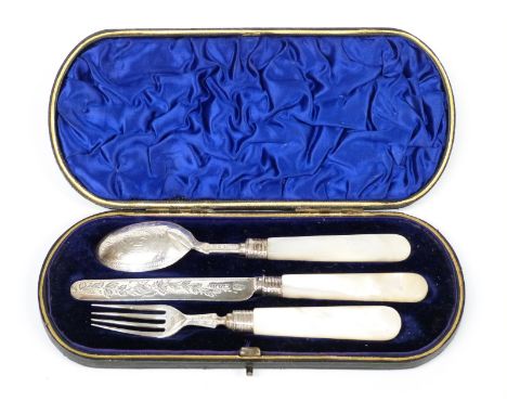 Victorian cased hallmarked silver knife, fork and spoon set with mother of pearl handles, Birmingham 1847 maker Hilliard and 