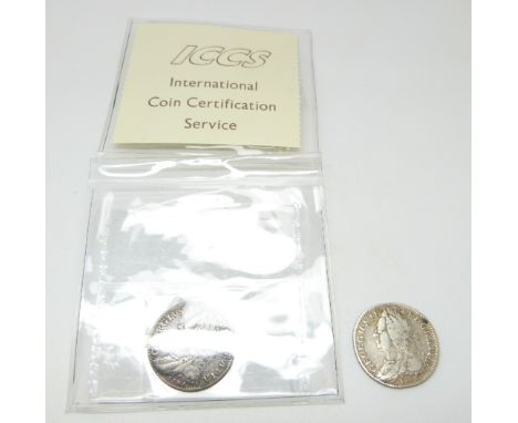 George II 1746 LIMA sixpence old head, plain angles reverse, GF, together with a 1745 example F