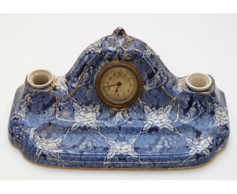 A transfer printed ceramic Standish/ desk tidy with clock&nbsp;