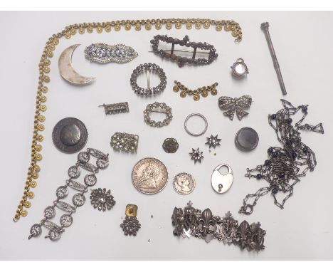 A collection of jewellery including cut steel, paste, silver ring, white metal fleur de lys bracelet. coins, white metal penc