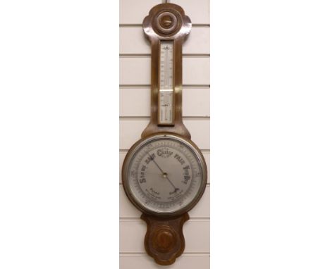 Banjo style mid twentieth century aneroid barometer / thermometer, British made to silvered style dial, arrow and moon tipped