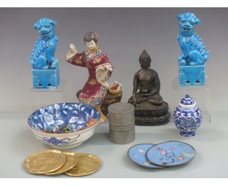 Chinese pewter tobacco or tea caddy, Chinese figures, cloisonné dishes, Dog of Fo figures etc, tallest 27cm&nbsp;
