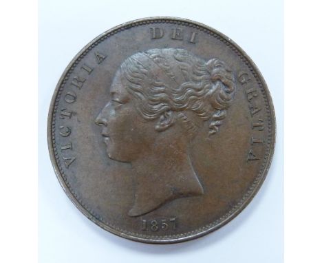 1857 Victorian copper penny, VF-EF, plain trident