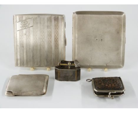 Two hallmarked silver cigarette cases and a hallmarked silver math case, weight 238g small Dunhill lighter, height 32mm and s