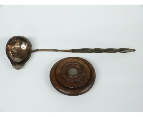 Continental white metal toddy ladle with horse's head mark to bowl, length 26.5cm together with a turned wooden snuff or simi