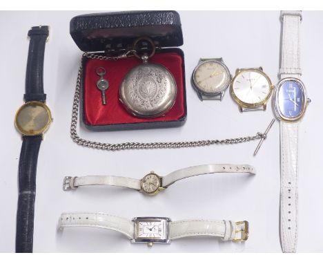 Seven various wrist and pocket watches including a continental silver full hunter pocket watch, Tissot, Sandoz, Christ etc.&n