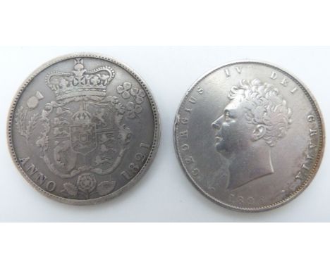 1821 George IV half crown, first head, first reverse, VF, together with an 1826 second head third reverse example, VF