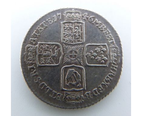 George II 1746 old head sixpence, LIMA below bust, plain angles reverse, seven harp strings, NVF