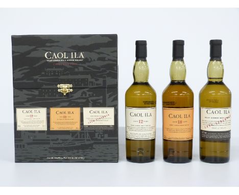 Caol Ila Islay single malt Scotch whisky three bottle collection comprising 18 year old, 12 year old and cask strength, each 