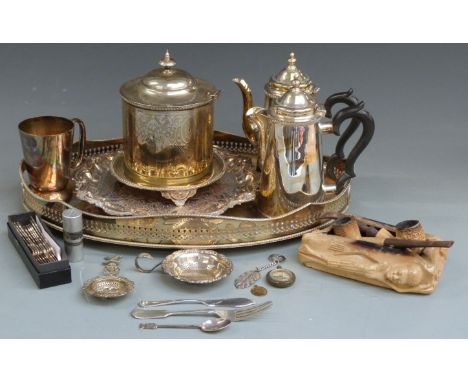 A collection of plated ware to include Elkington tea caddy, tray and pipes including Meerschaum 'Tobacco Authority of Tanzani