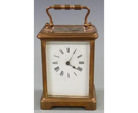 Late 19th / early 20thC brass carriage clock with white enamel dial and blued spade hands, 11cm tall