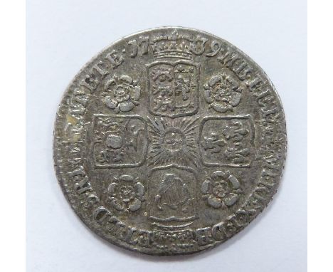 George II 1739 sixpence, young head roses in angles, reverse 'O over R' in legend, EF toned