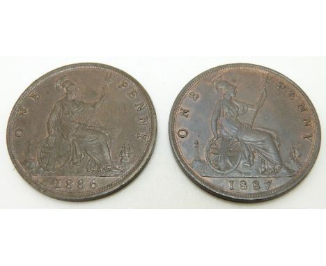 1886 and 1887 Victorian bronze pennies, EF, toned with residual lustre
