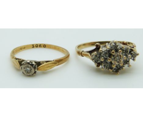 An 18ct gold ring set with a diamond in a platinum setting and a 9ct gold ring set with diamonds, size K/L