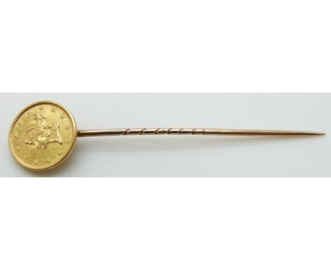 A one dollar United States gold coin mounted on a stick pin, 2.6g&nbsp;