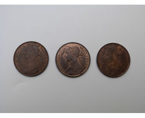 1886, 1887 and 1889 Victorian bronze pennies, EF or NEF with lustre, 3 coins